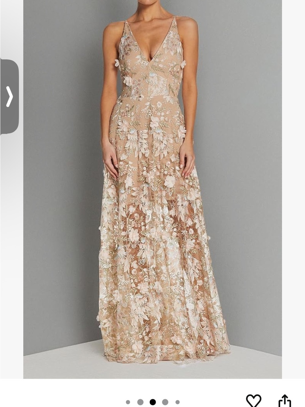 Sleeveless V-Neck Floral Lace Evening Gown in Nude